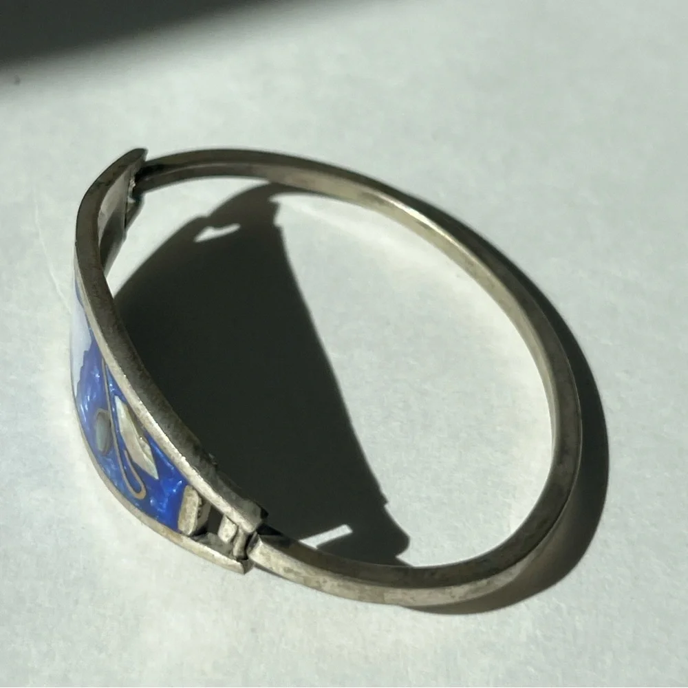 Vintage Alpaca Mexico Silver Abalone Inlay Hinge Bangle Bracelet - Picture 2 of 9